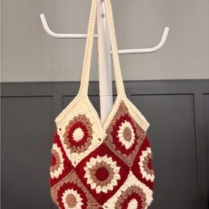 Handmade Crochet Tote Bag - Red Brown and Cream